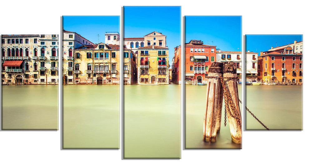 Traditional Buildings of Venice, Landscape Canvas Wall Art, 60"x32", 5 Panels