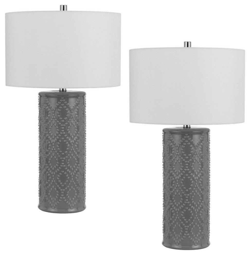 29 Inch Accent Table Lamp Set of 2, Tall Cylinder, Ball Finial Accent, Gray