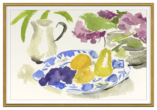 Blue Plate with Pears Fine Art Print, Gold, 18"x25"