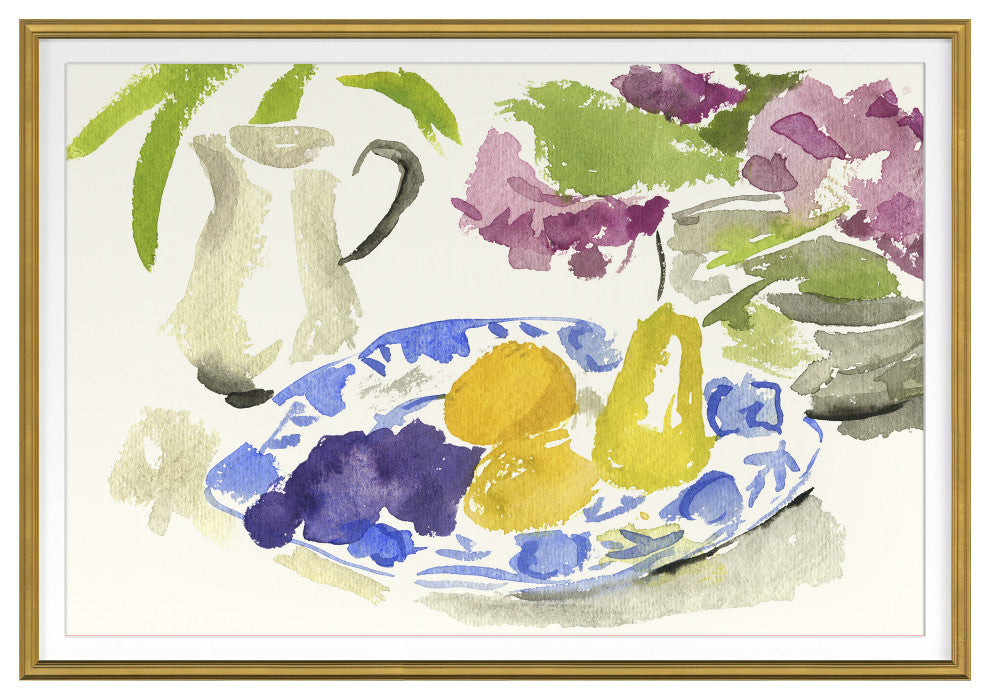 Blue Plate with Pears Fine Art Print, Gold, 18"x25"