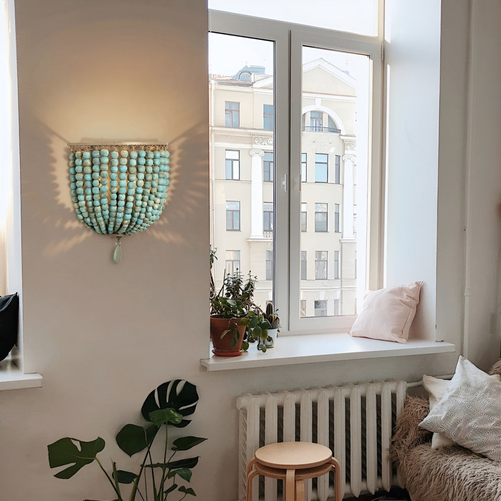 Donostia | Retro Blue/White Wooden Bead Wall Lamp, Blue
