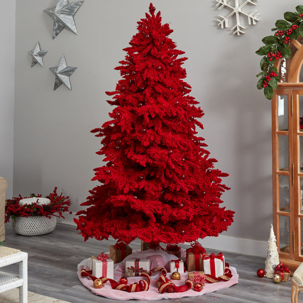 T3511 8' Red Flocked Fraser Fir Artificial Christmas Tree With 700 Red Lights