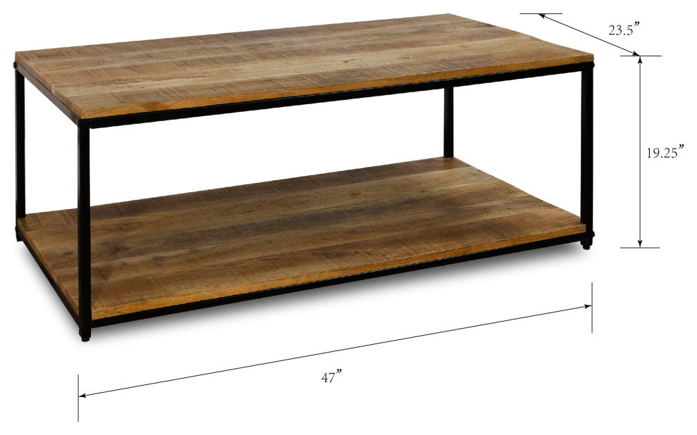 Logan Rectangular Coffee Table With Lower Shelf and Black Iron Frame
