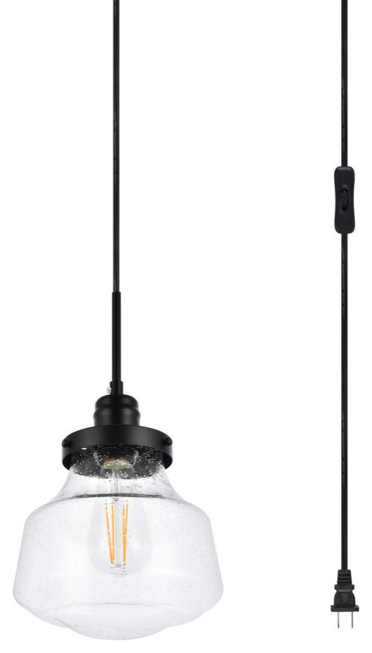 Leighton 1-Light Black and Clear seeded Glass Plug-In Pendant