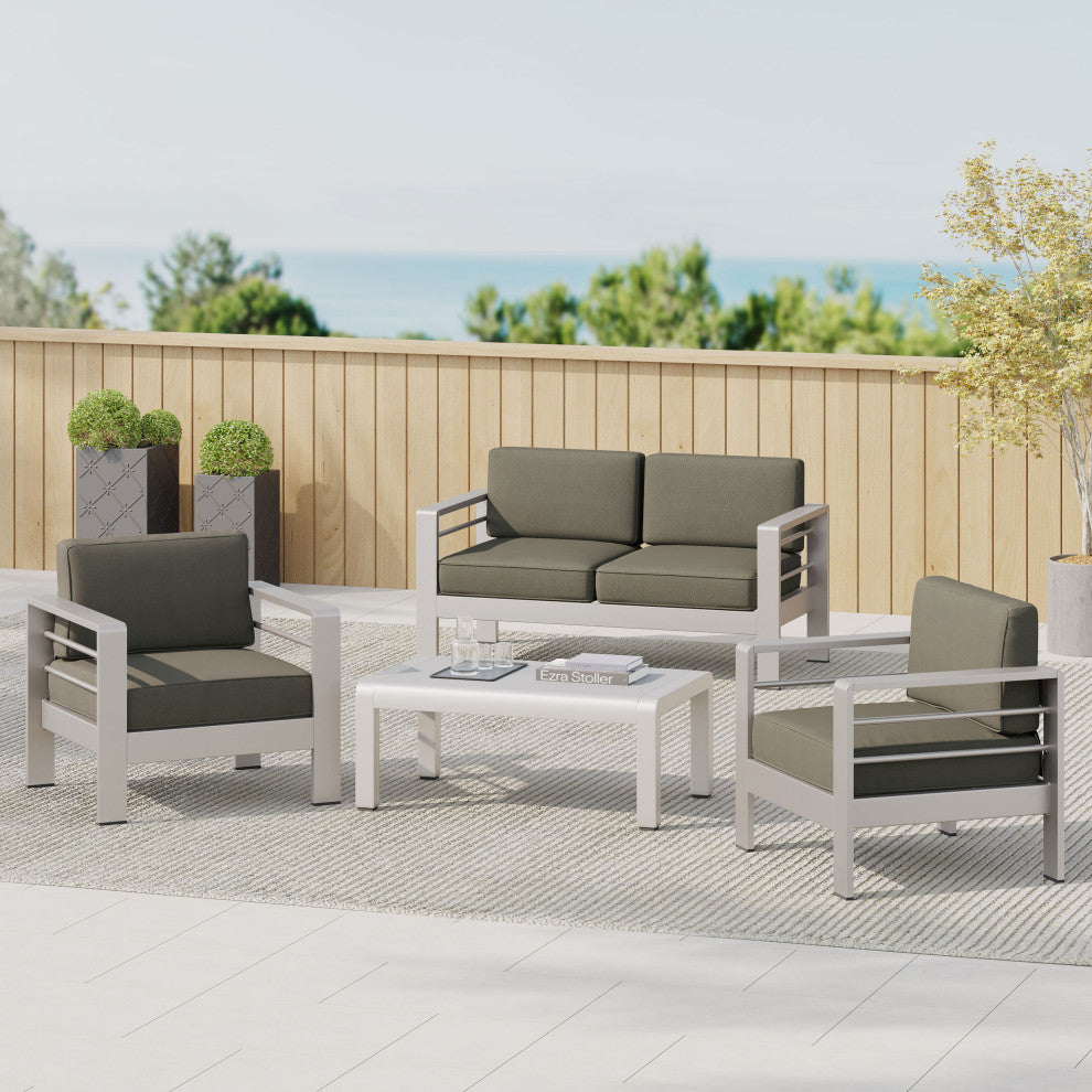 GDF Studio 4-Piece Sonora Outdoor Aluminum Loveseat With Cushions Set