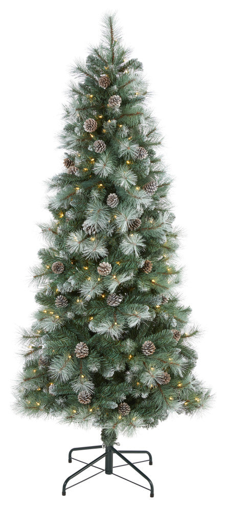 6' Frosted Tip British Columbia Mountain Pine Faux Xmas Tree W/Lights, Pinecones