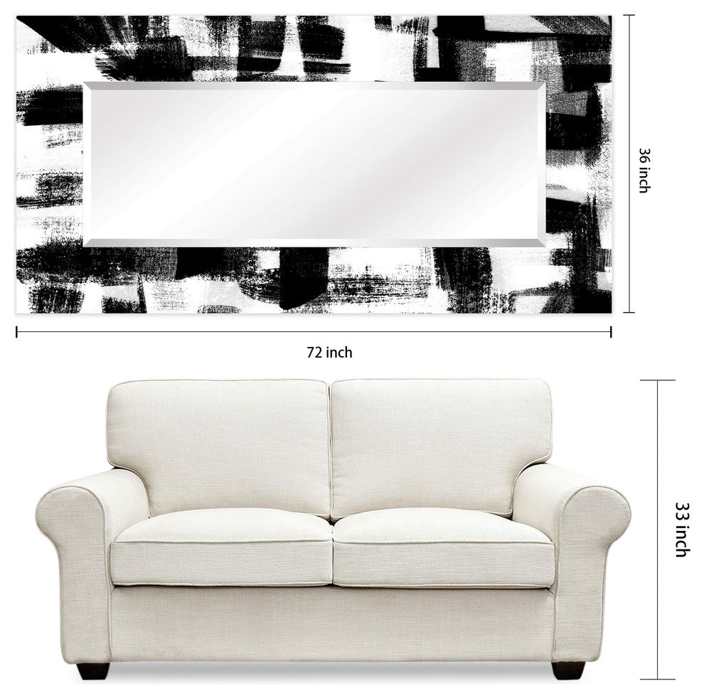 Abstract Rectangular Beveled Wall Mirror on Free Floating Printed Tempered Glass