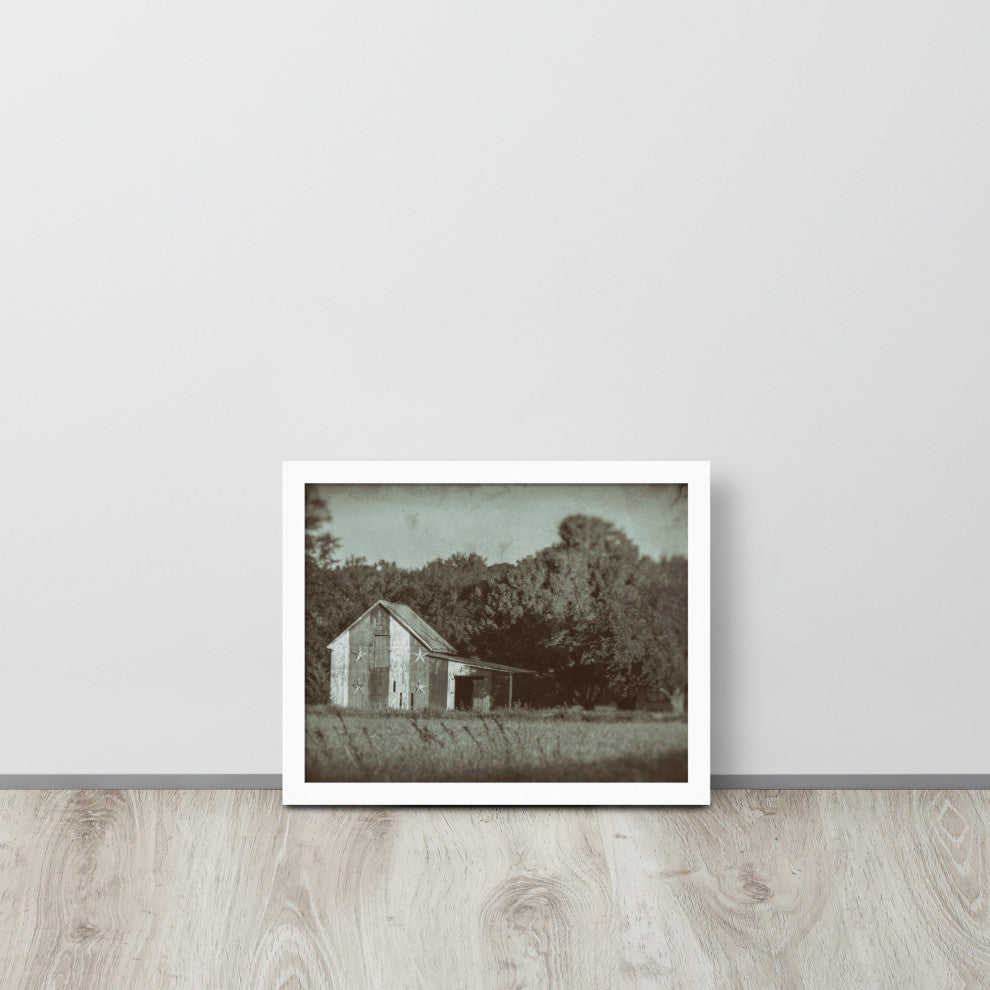 Patriotic Barn in Field Vintage Black and White Framed Photo Wall Art Print, White, 11" X 14"