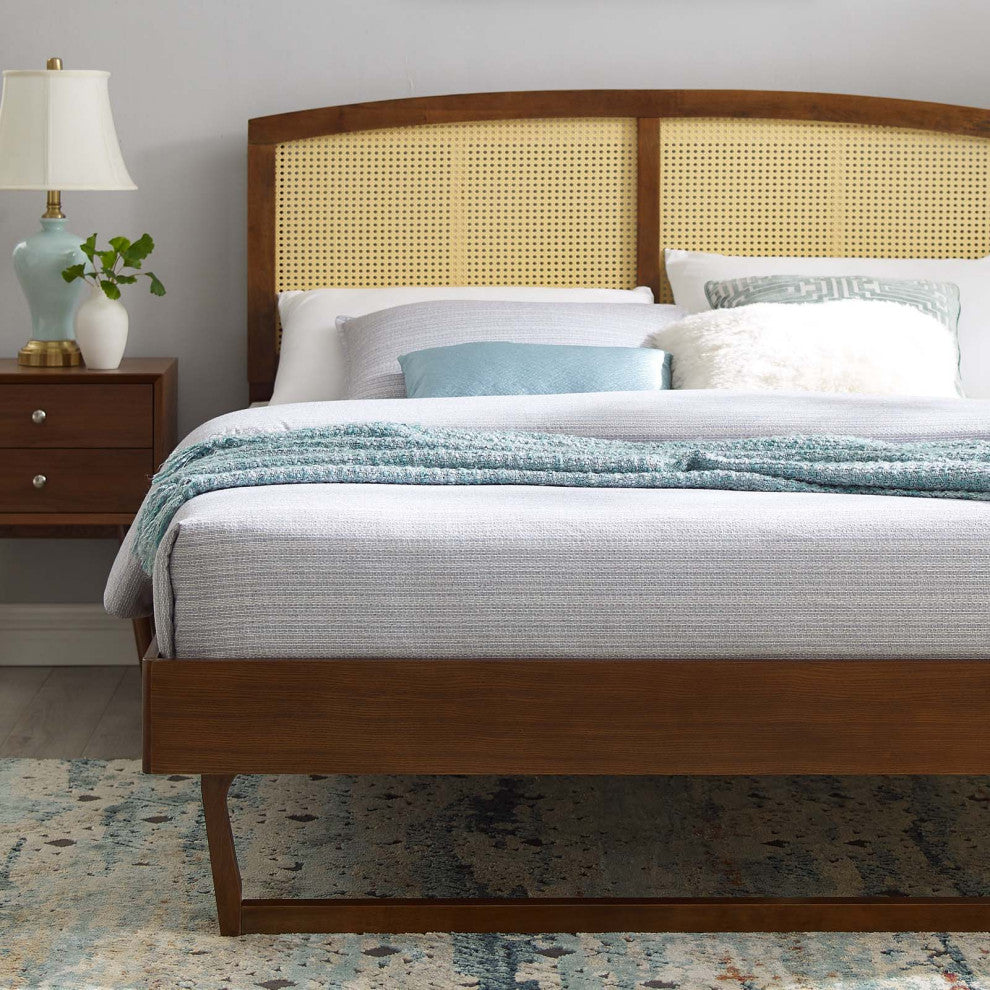 Platform Bed Frame, King Size, Wood, Brown Walnut, Modern Mid-Century, Bedroom