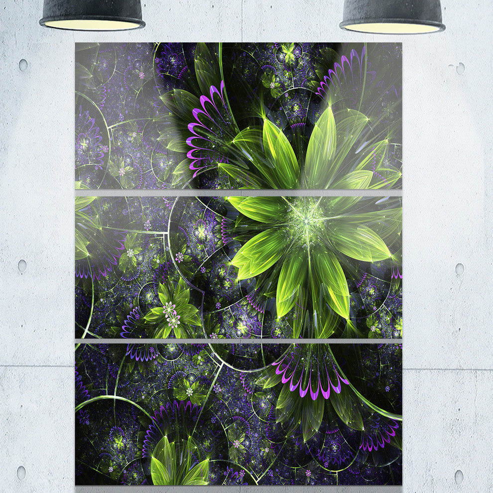 "Green Purple Fractal Flowers" Metal Wall Art, 3 Panels, 28"x36"