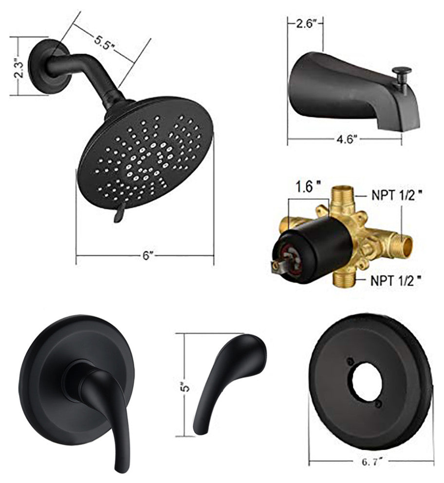 Tub and Shower Faucet Set With 5-Function Spray Head, Valve Included, Matte Blac