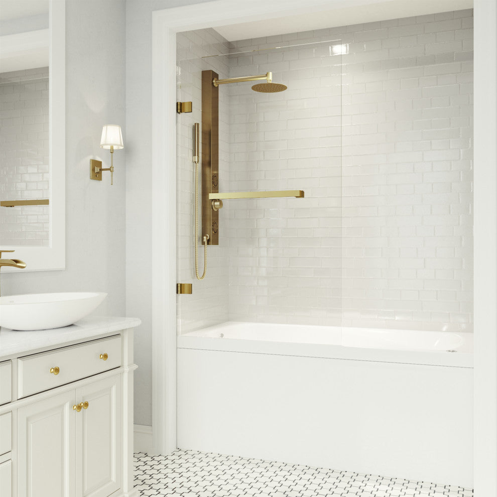VIGO Rialto 34" W x 58" H Frameless Hinged Tub Door, Matte Brushed Gold, Clear Glass