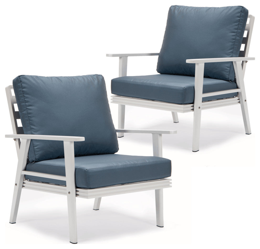 LeisureMod Walbrooke White Patio Armchairs with Cushions Set of 2, Navy Blue