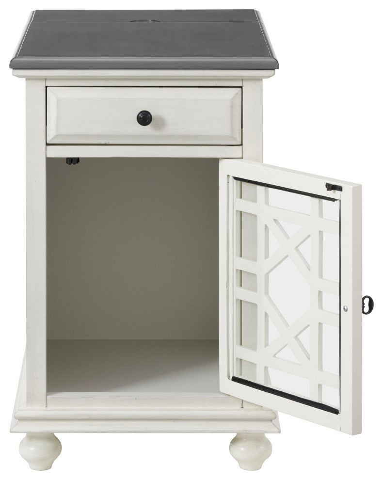 Elegant Chairside Table with Charging Station, White With Grey Top