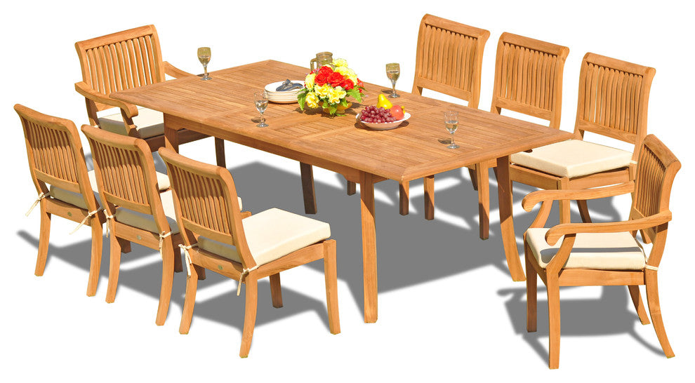 9-Piece Teak Dining Set, 94" Ext Rect, 8 Arbor Stacking Arm/Armless Chairs