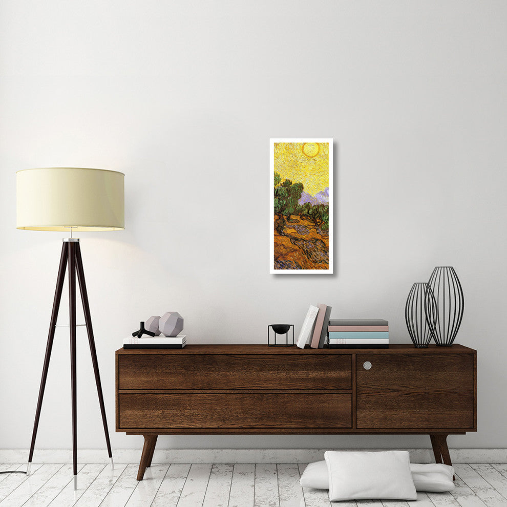 "Olive Trees With Yellow Sky And Sun (center)" Paper Art, 15"x32"