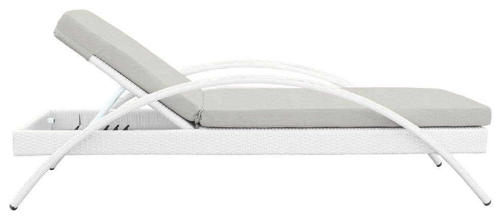 Aloha Adjustable Patio Chaise Lounge Chair, White Wicker and Grey Cushions