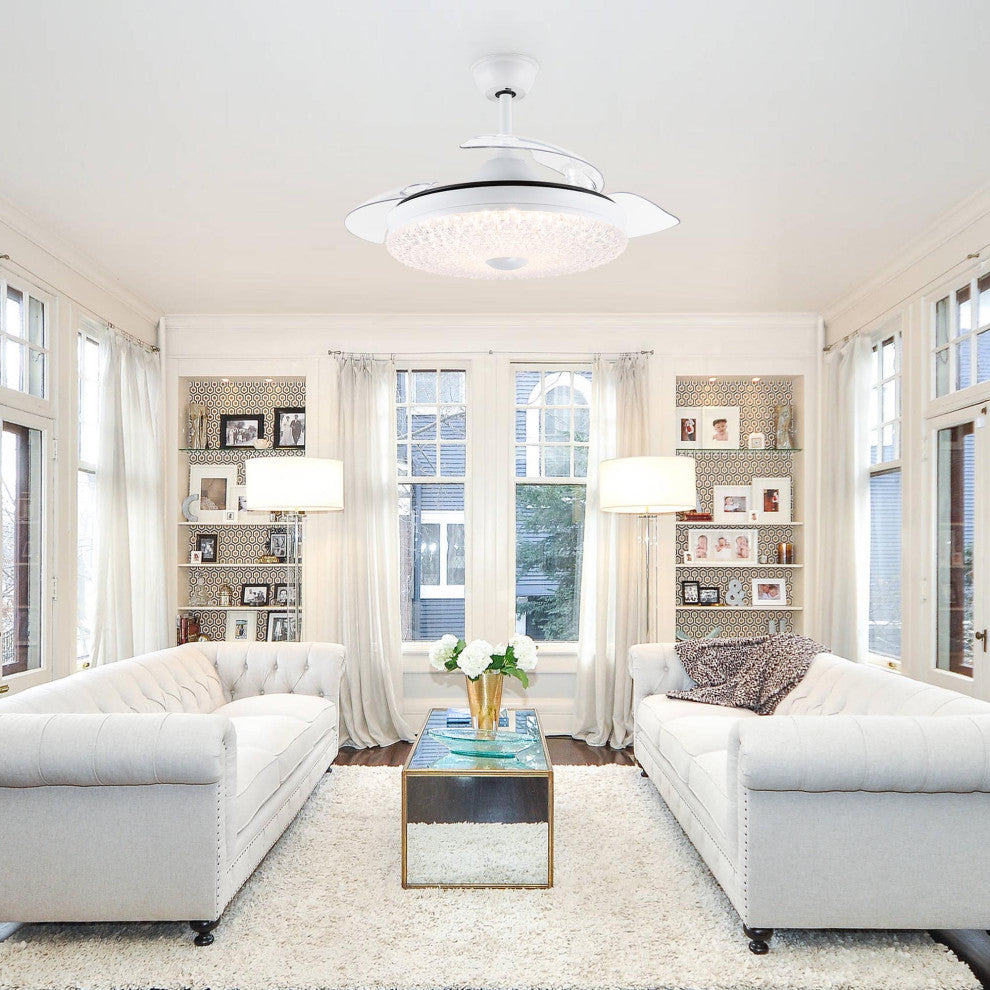 42" Crystal Retractable Ceiling Fan with 6-SPEED, LED light and Remote, White