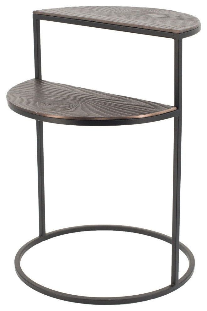 22 Inch Modern Metal Round Accent Table, 2 Half Circle Shelves, Wood, Brown