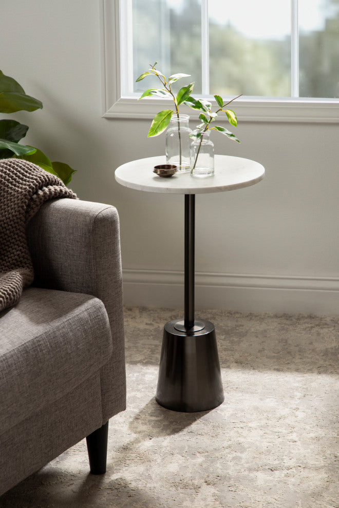 Tira Round Side Table, Pewter/White 14x14x24