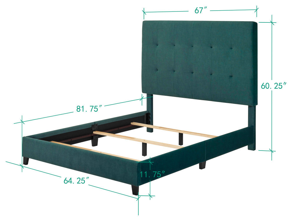 Legends Home Queen Size Green Velvet Tufted Upholstered Platform Bed