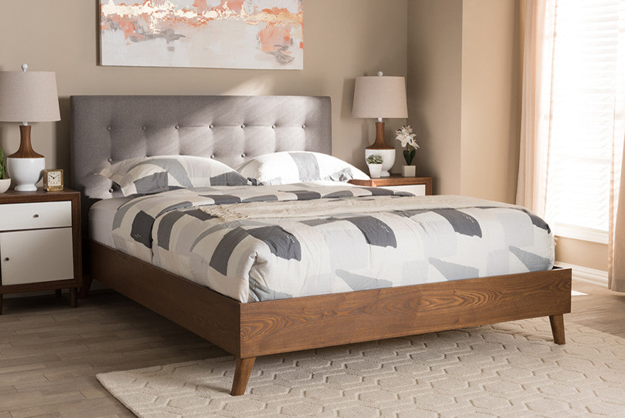 Alinia Retro Modern Gray Fabric Upholstered Walnut Wood King Size Platform Bed
