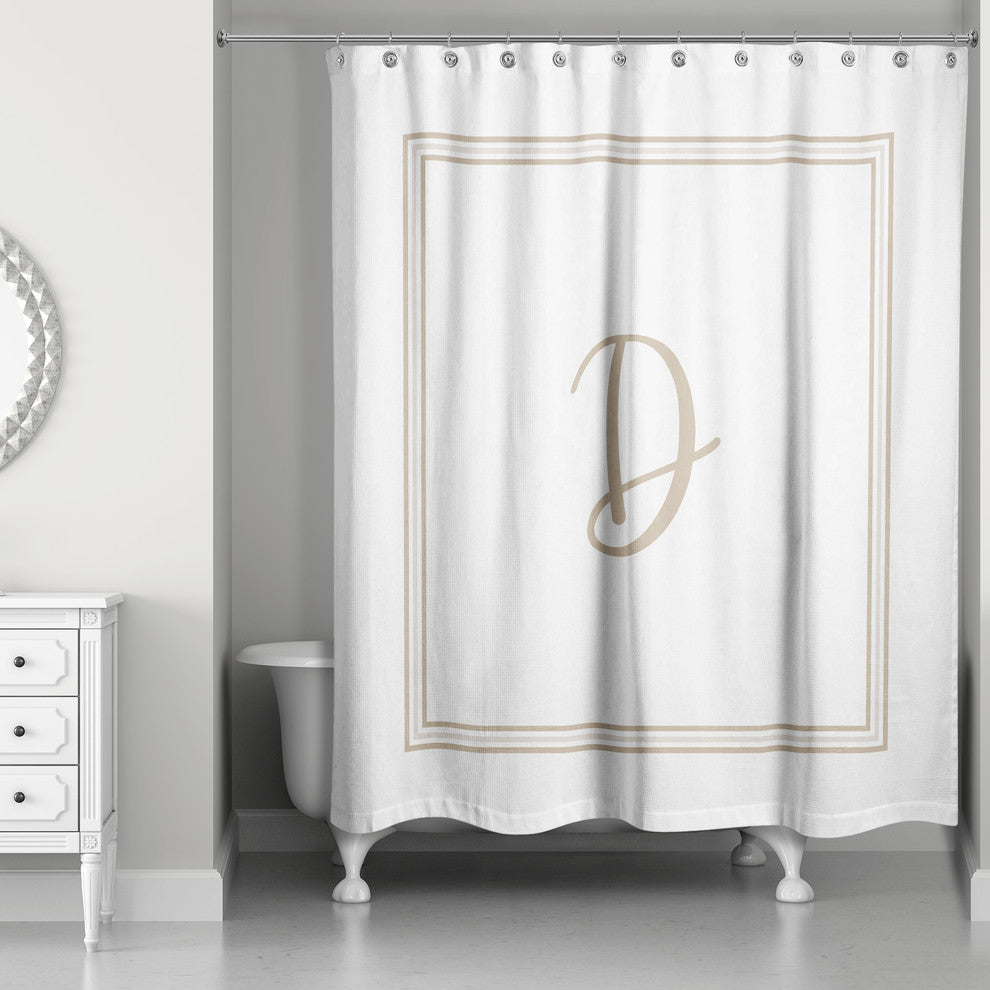 Beige and White Monogrammed Shower Curtain, D