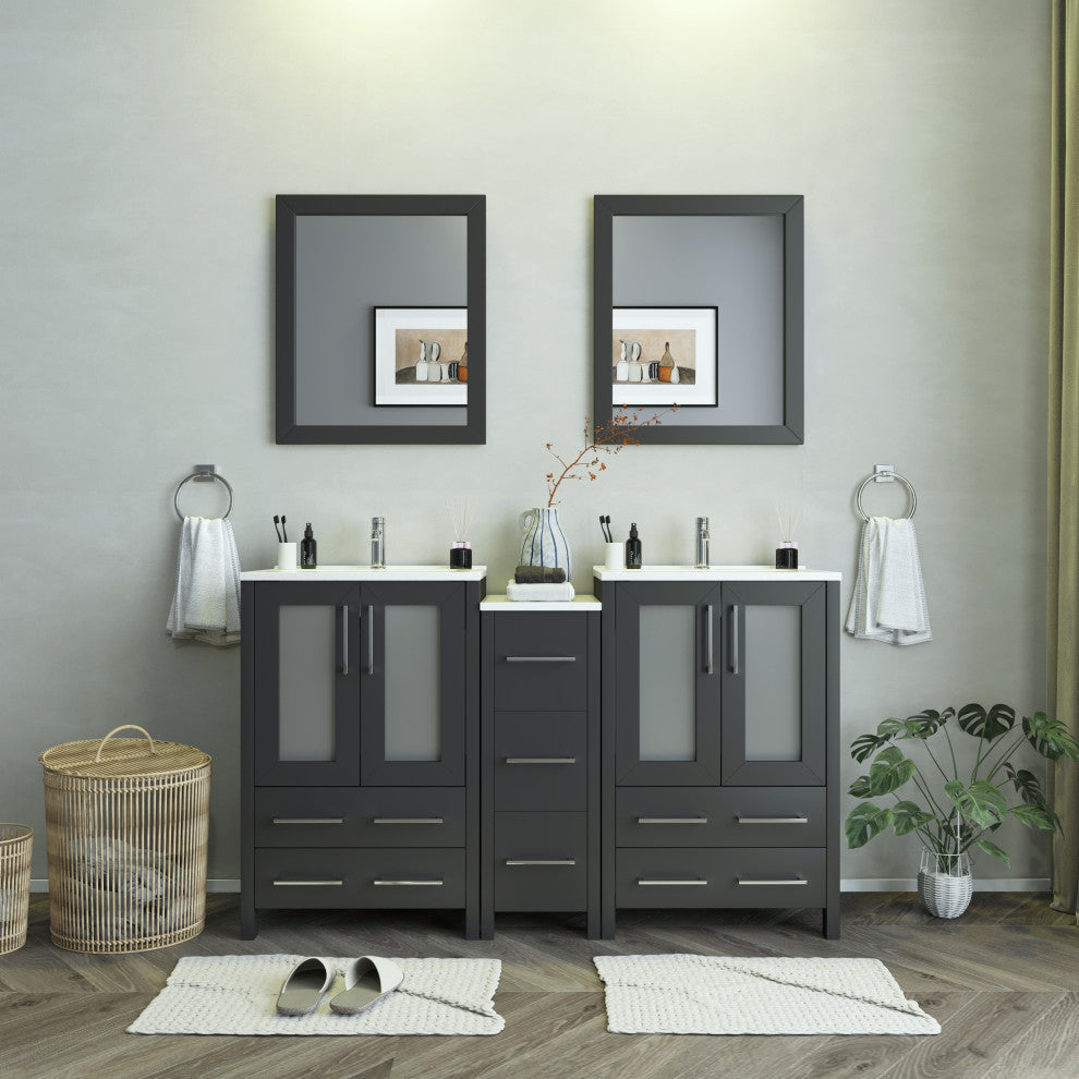 Vanity Art Vanity Set With Ceramic Top, 60", Espresso, Led Touch-Switch Mirror
