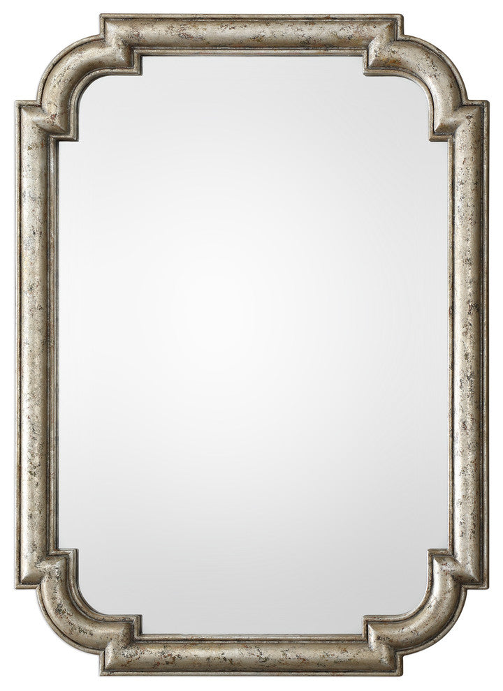 Distressed Silver Art Deco Shaped Wall Mirror, 45" Vanity Wood Gold Classic