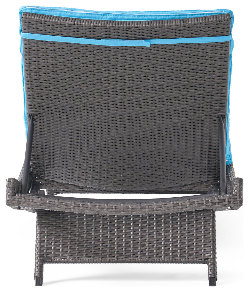 GDF Studio Nassau Outdoor Gray Wicker Adjustable Chaise Lounge, Blue Cushion