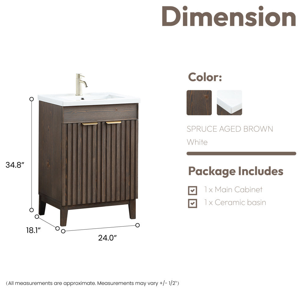 Palos Bathroom Vanity, Spruce Aged Brown, 24", Ceramic Top, No Mirror