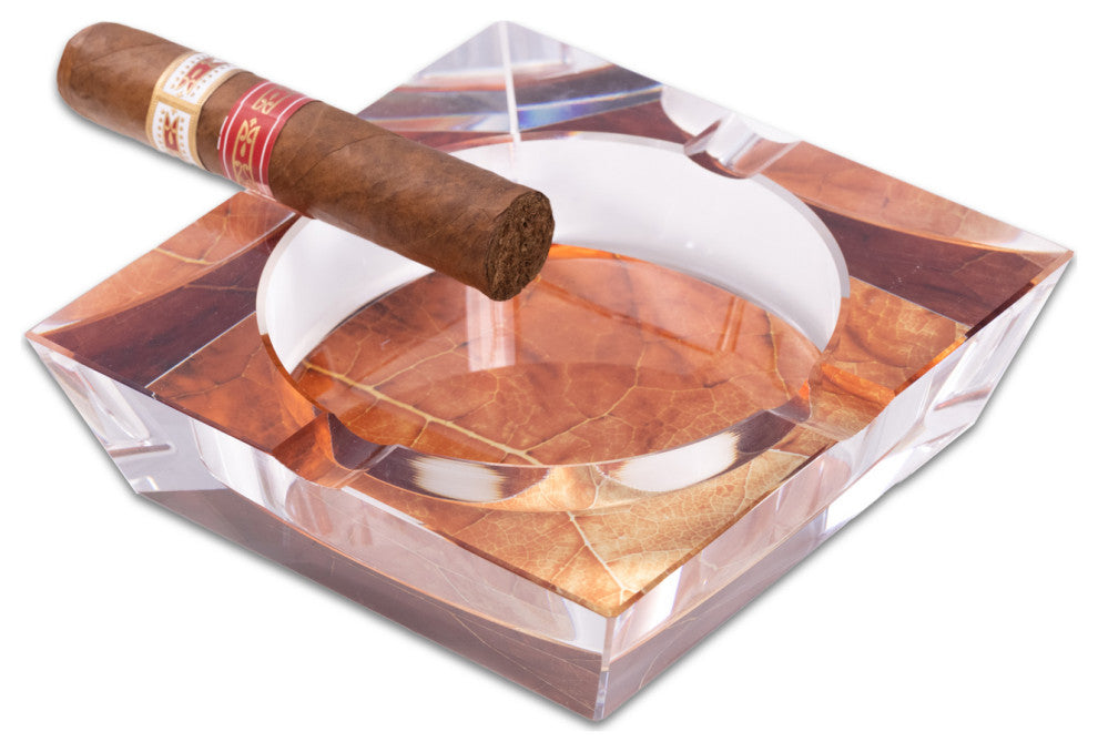 Tobacco Leaf Design Crystal Ashtray, 4 Cigar Rests