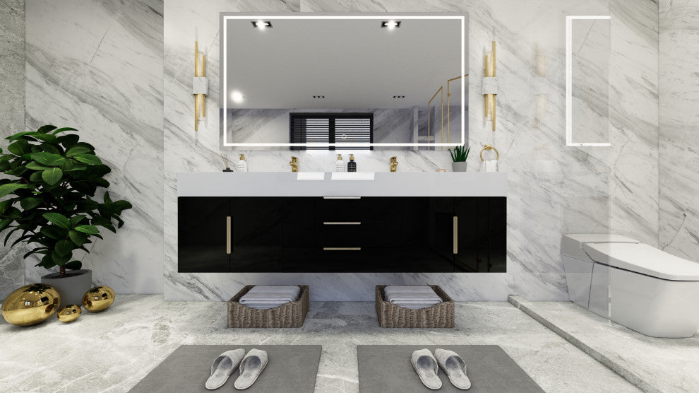 Madison 72" Wall Mounted Double Sink Vanity with Reinforced Acrylic Sink, High Gloss Black
