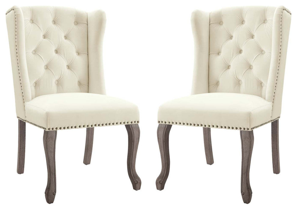 Side Dining Chair, Set of 2, Velvet, Ivory White, Modern, Cafe Bistro Restaurant