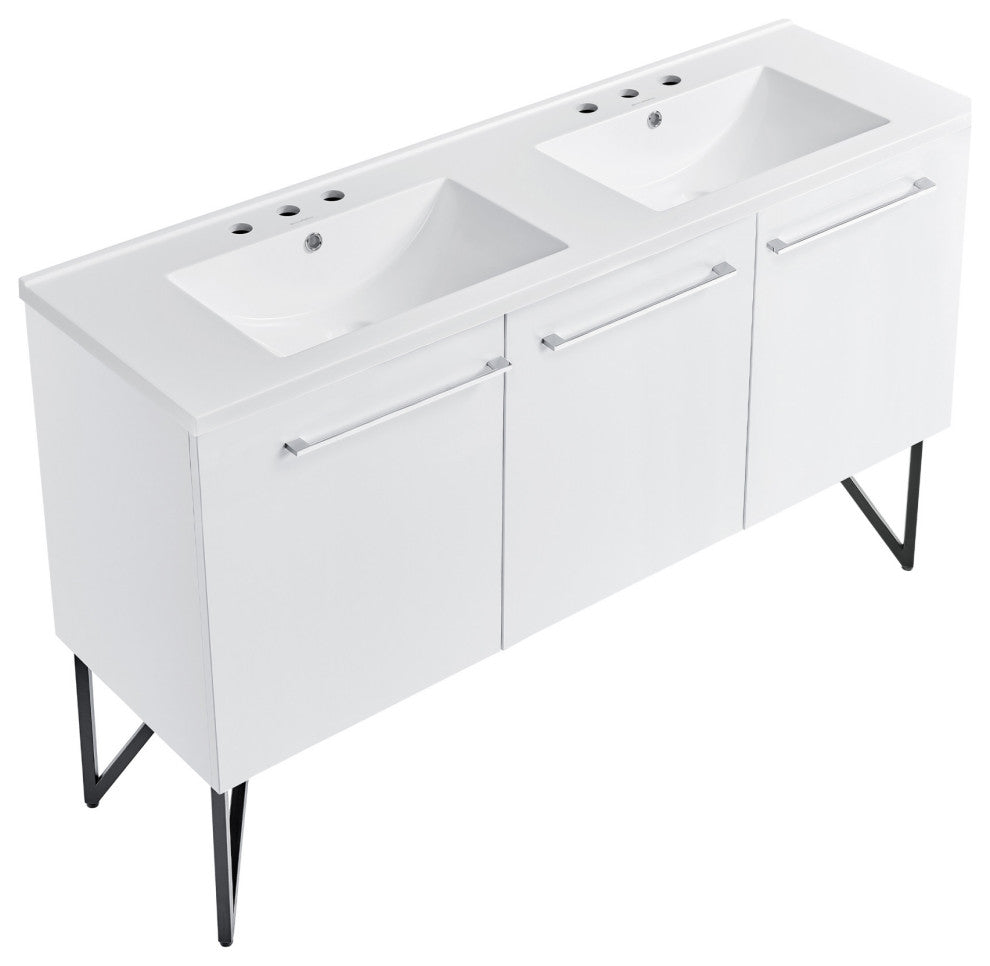 Annecy 60" White, Double Basin Bathroom Vanity With White, 3-Hole Sink Top