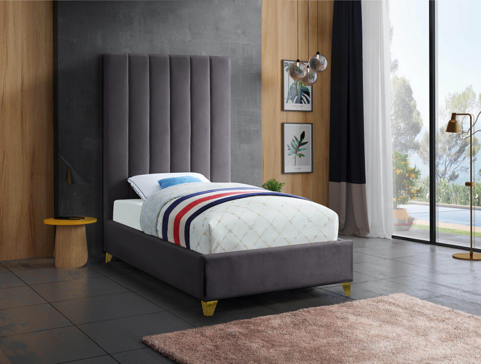 Via Velvet Upholstered Bed, Gray, Twin