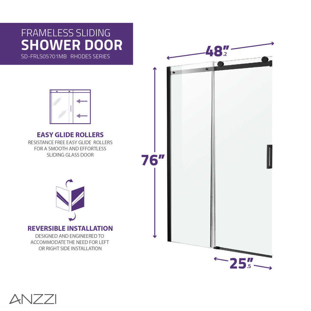 ANZZI Rhodes 76" Frameless Sliding Shower Door, Matte Black, 48" W