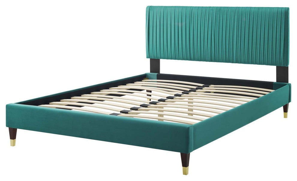 Platform Bed Frame, Full Size, Velvet, Teal Blue, Modern Contemporary, Bedroom