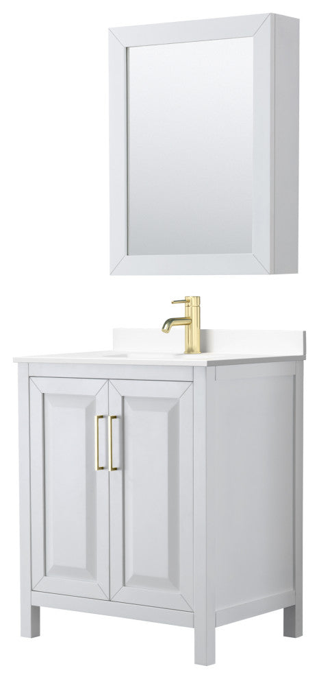 30"SGL Vanity White, White Cult. Marble Countertop, Sink, Med.Cabinet, Gold Trim