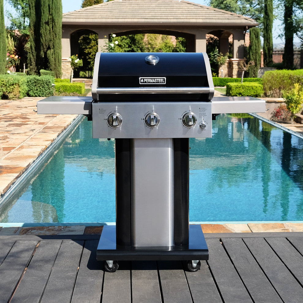 Permasteel 3 Burner Propane Gas Grill with Folding Side Shelves, Black