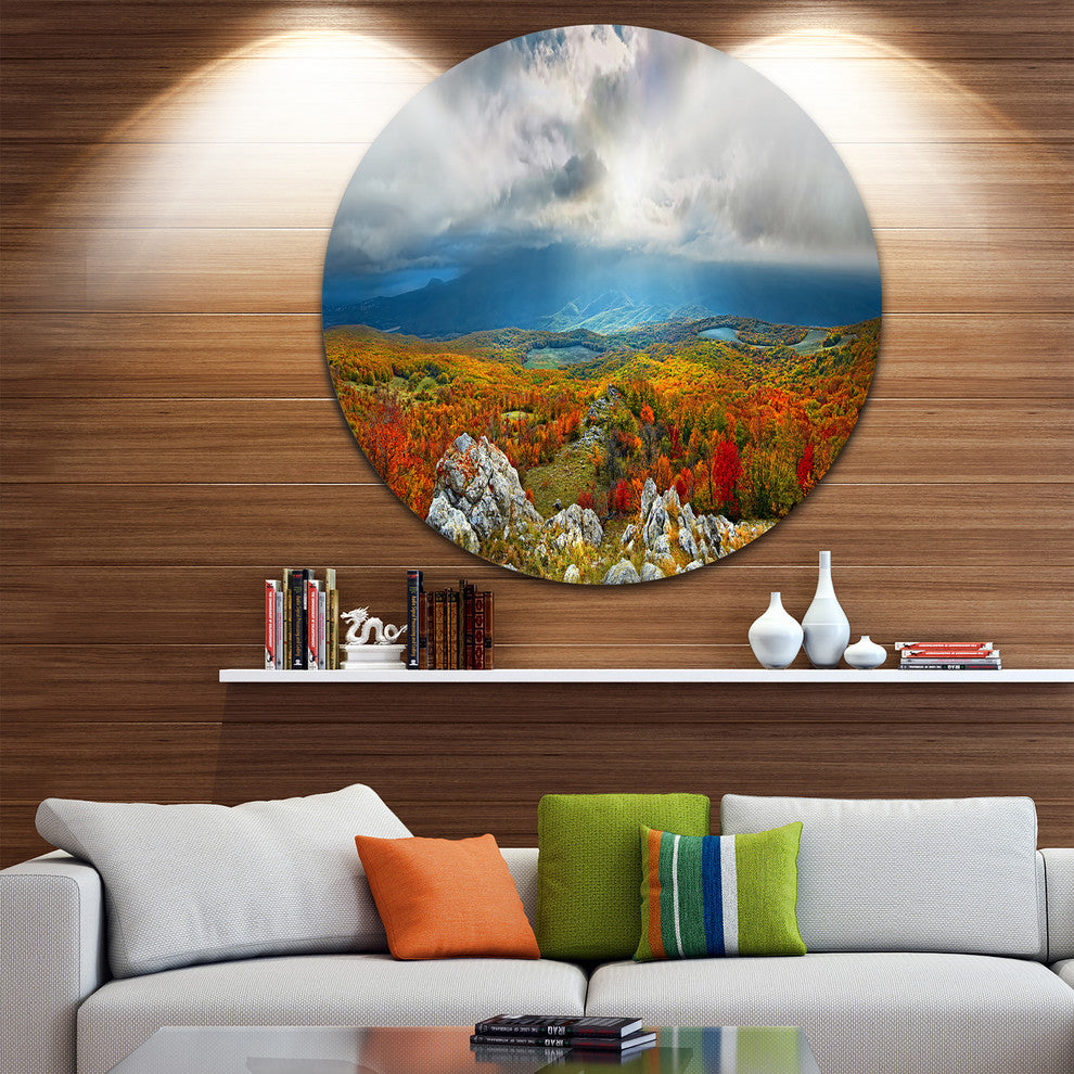 Autumn In Crimean Mountains, Landscape Photo Round Metal Wall Art, 11"