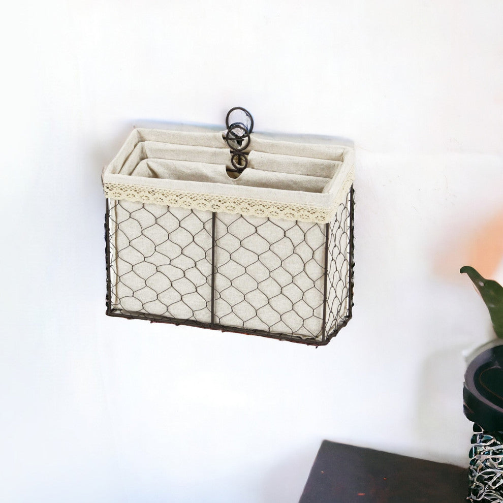 3-Piece Set Brown Linen Fabric and Line Metal Organizers