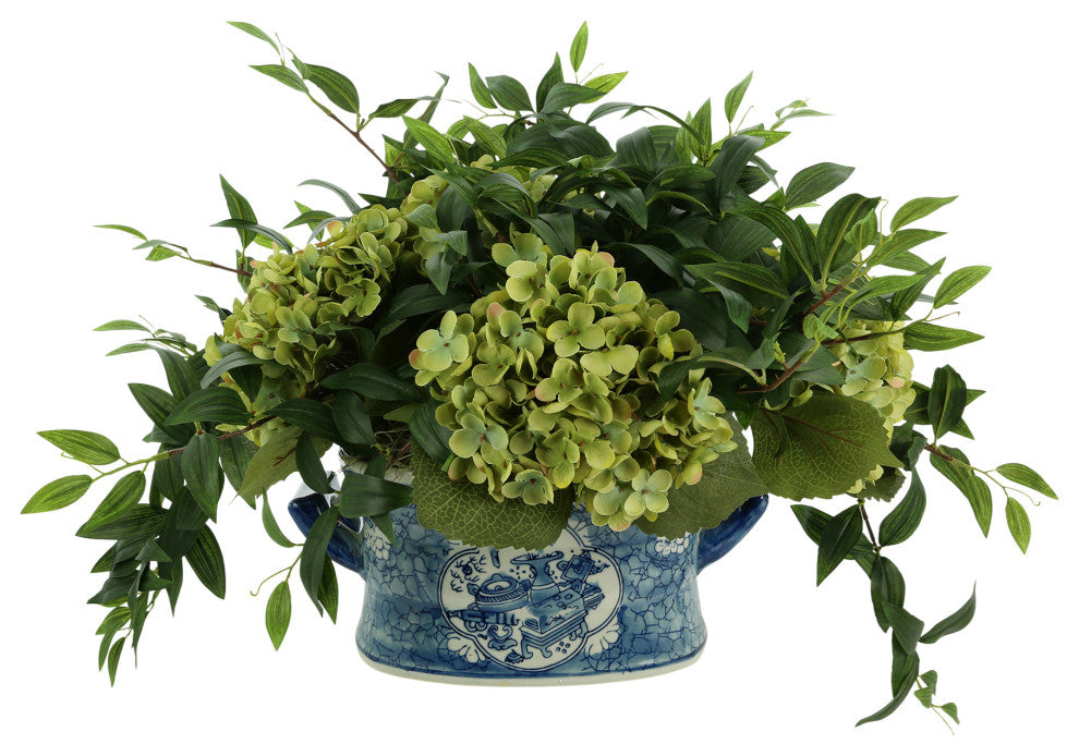 Hydrangea and Ruscus Arrangement in Ceramic Pot