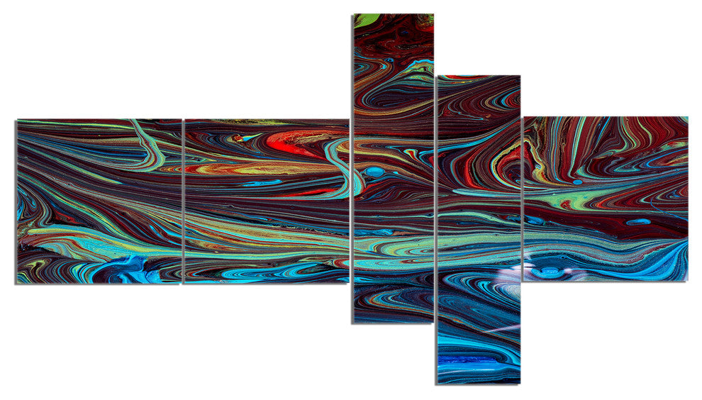Red Blue Abstract Acrylic Paint Mix, Abstract Art on Canvas, 60"x32", 5 panels