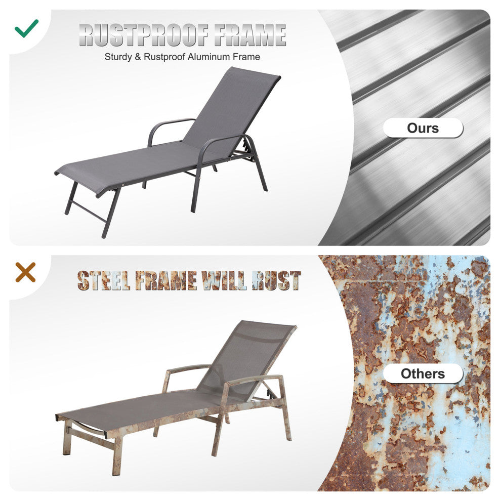Aluminum Chaise Lounge Chair, Adjustable Outdoor Recliner, Gray