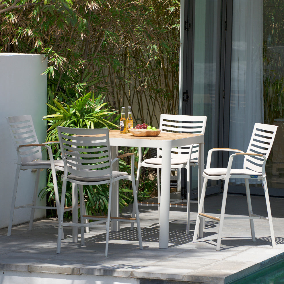 Patio Aluminum Bar Set With Natural Teak wood Accent Top, Light Matte