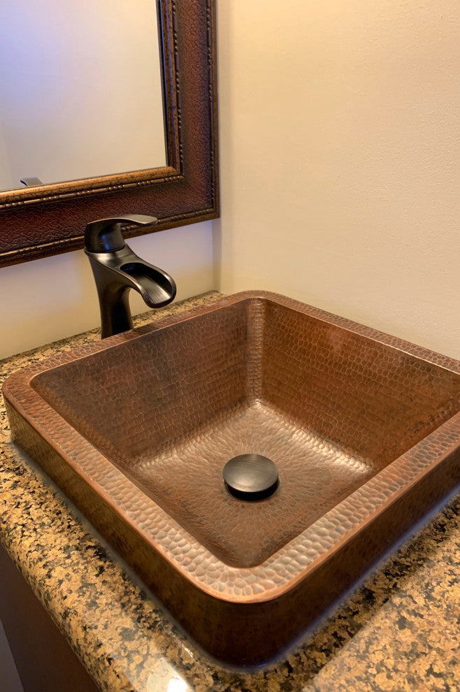 15" Square Skirted Vessel Hammered Copper Bathroom Sink