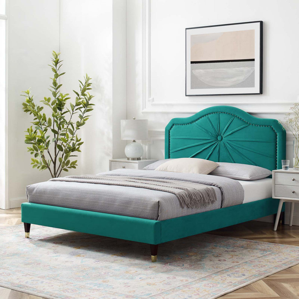 Platform Bed Frame, Full Size, Velvet, Teal Blue, Modern Contemporary, Bedroom