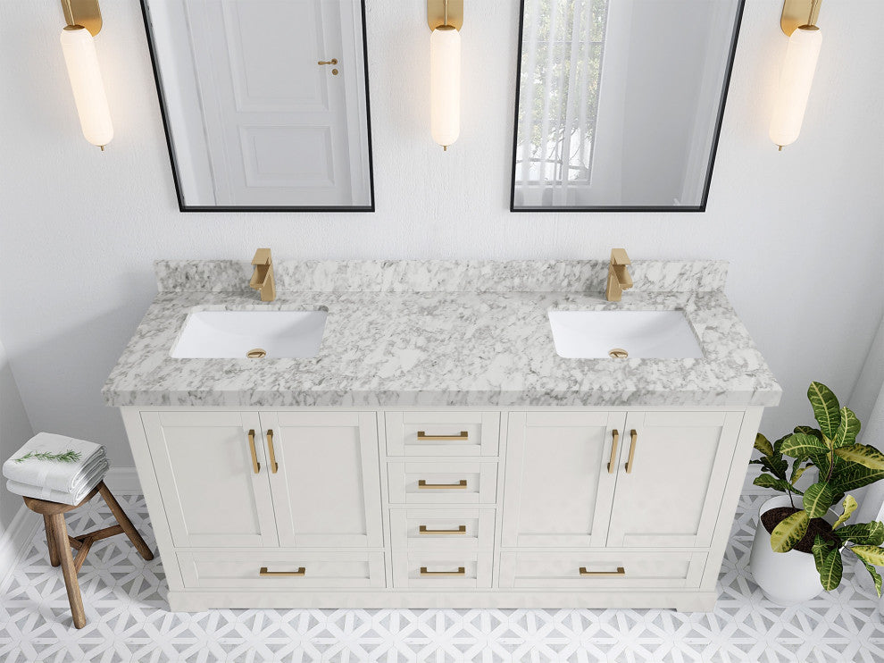 Boston 72" Double Sink Bath Vanity in Alabaster 2" Carrara Marble