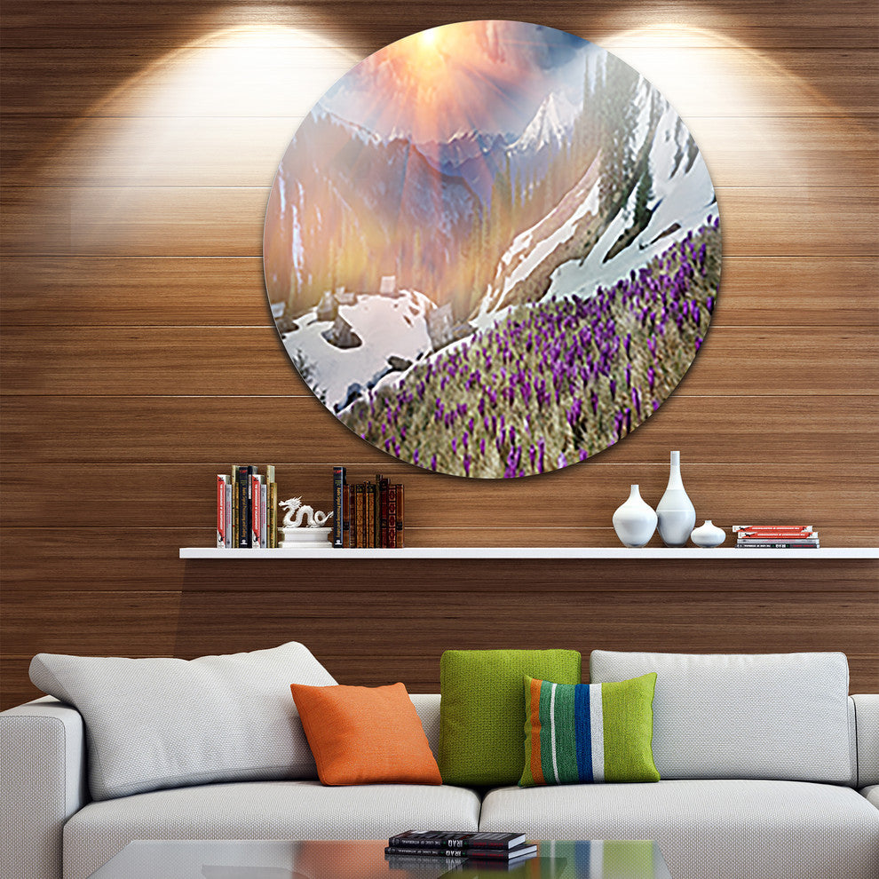 Crocus Flowers In Carpathians, Landscape Photo Disc Metal Artwork, 38"
